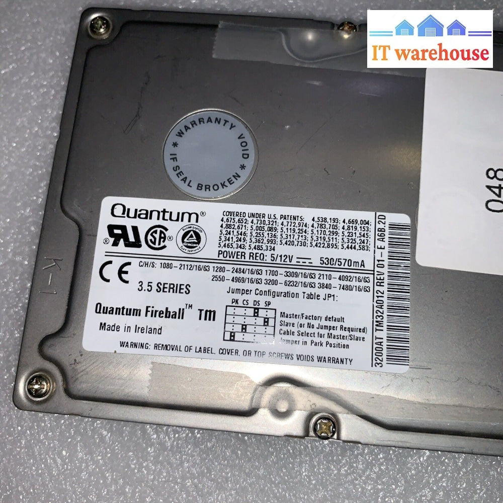 Quantum Fireball 3.5’ Ide Hard Drive 3.2Gb 3200At Tm32A012 Tested