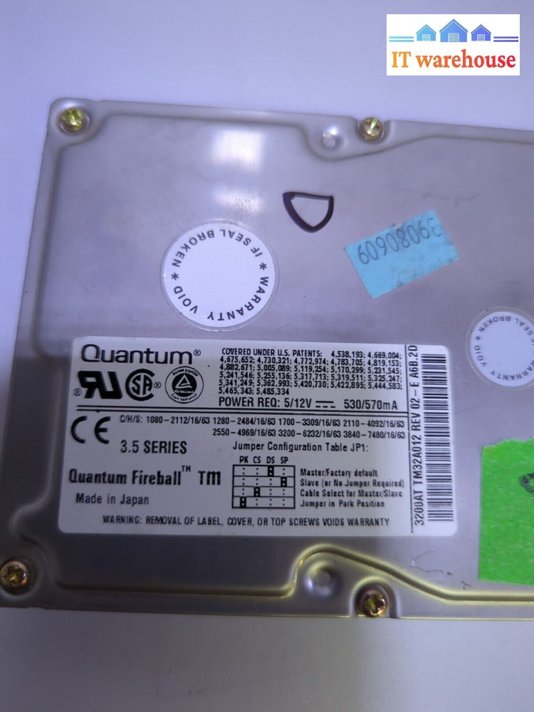Quantum Fireball 3.5’ Ide Hard Drive 3.2Gb 3200At Tm32A012 Tested -