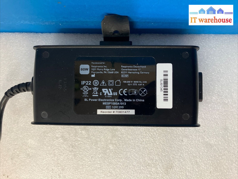 Respironics 80W AC Power Adapter 12V 6.67A MESP1080A1913 P/N 1091399 ~