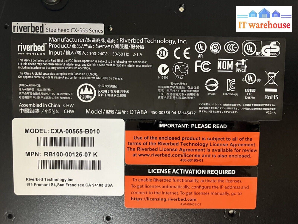 ~ Riverbed Steelhead CX-555 SERIES CXA-00555-B010 Server Network Appliance DTABA