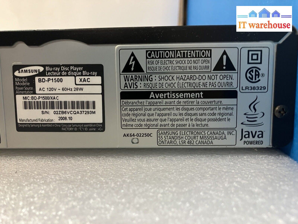 Samsung BD-P1500 Blu-ray Disc Player With Power Cord (No Remote)~