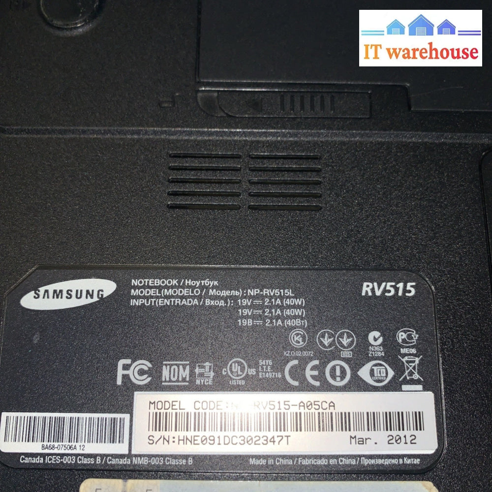 Samsung RV515 Laptop NP-RV515L 15.6 AMD E-350 4GB 500GB Windows XP Pro SP3