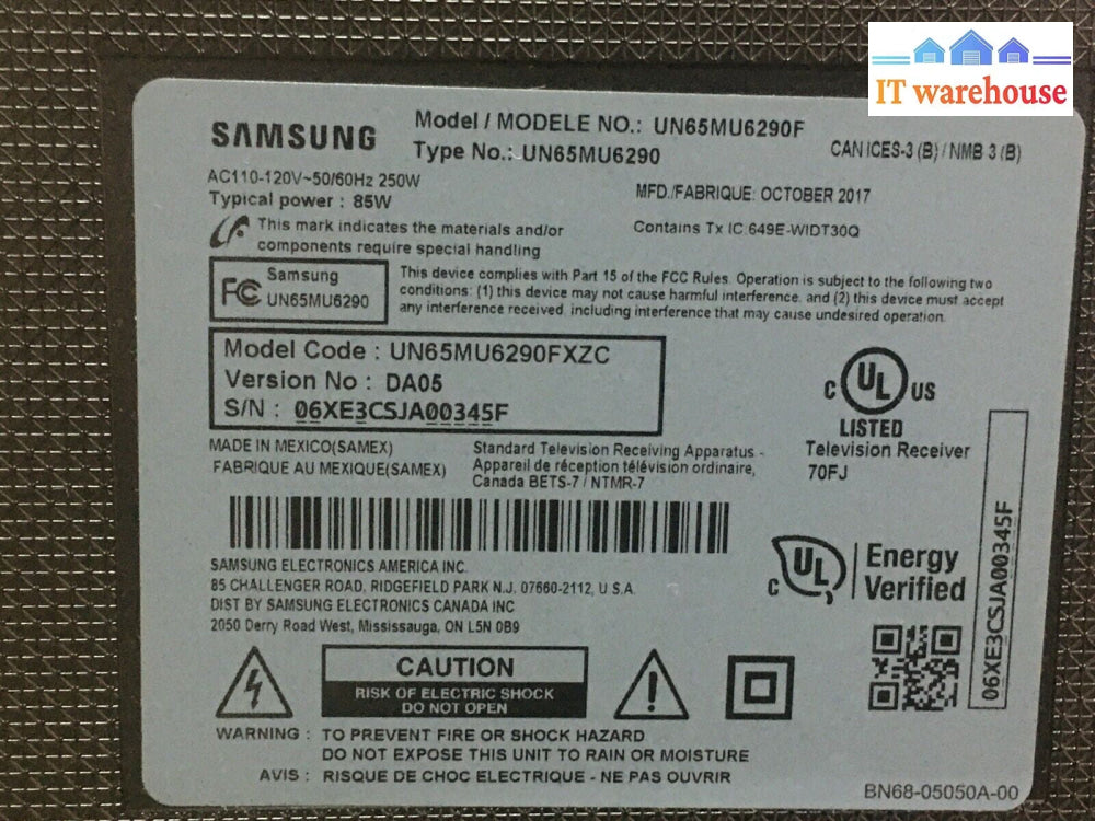 Samsung UN65MU6290FXZA Power Supply BN44-00808E / PSLF261S07B / L65S6NR_MSM 