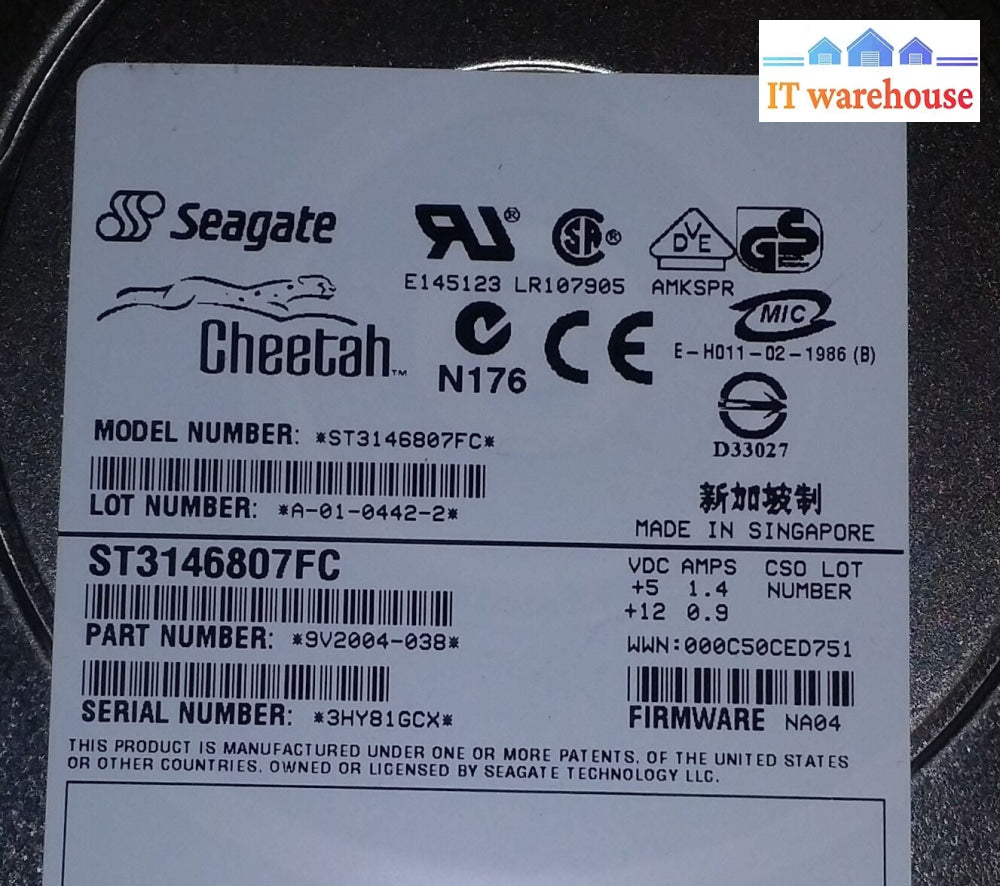 Seagate 146GB 10K 9V2004-038 FW: NA04 ST3146807FC w/ Tray Netapp