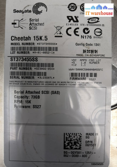 - Seagate 3.5" 73GB 15K RPM SAS HDD ST373455SS  GY581 @