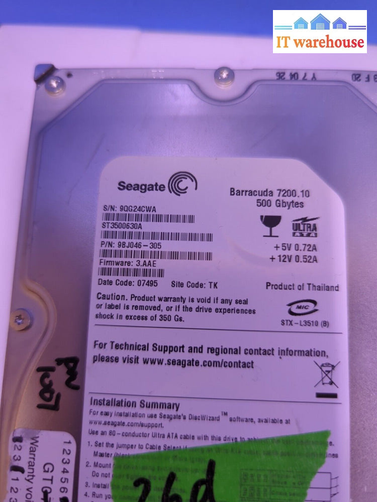 Seagate 500Gb St3500630A 7200Rpm Ide 3.5’ Internal Hard Drive (36 Days Used) -