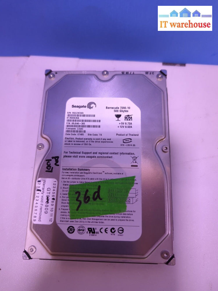 Seagate 500Gb St3500630A 7200Rpm Ide 3.5’ Internal Hard Drive (36 Days Used) -