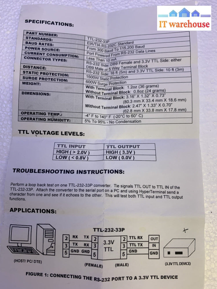 SerialComm TTL-232-33P RS-232 to 3.3V TTL Converter DB9 Port-Powered