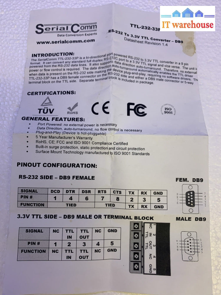 SerialComm TTL-232-33P RS-232 to 3.3V TTL Converter DB9 Port-Powered