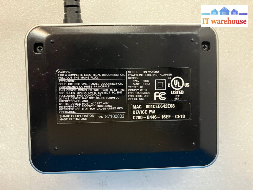 Sharp Hn-Va400U Homeplug Power Line Communications 4-Port Adapter ~