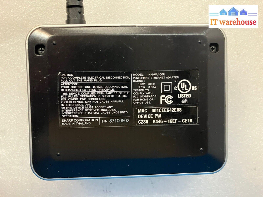 Sharp HN-VA400U HomePlug Power Line Communications 4-port Adapter ~