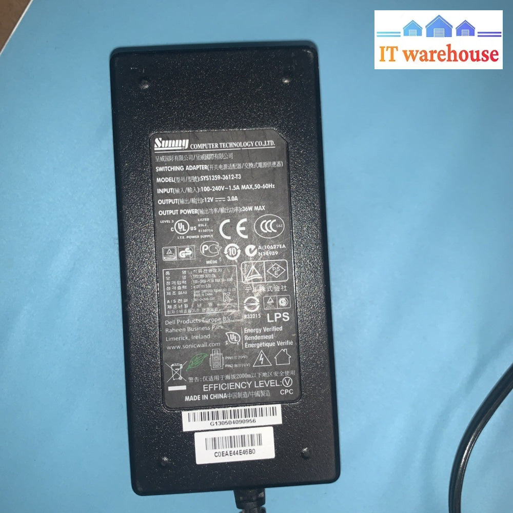 SonicWall Sunny Power Supply SYS1359-3612-T3 AC Adapter 12V 3A 36W 2 pin