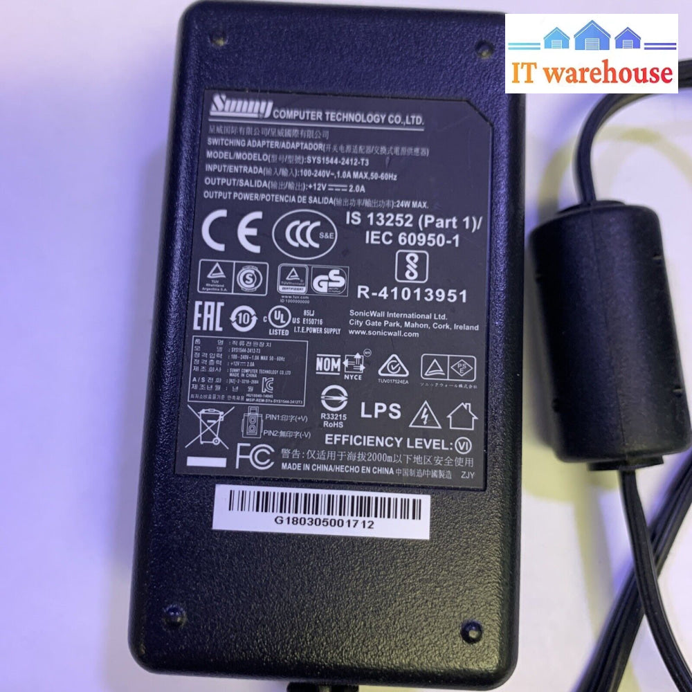 SonicWall SUNNY SYS1544-2412-T3 12V 2A AC Power Adapter (2-pin)