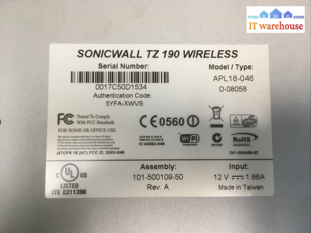 + Sonicwall TZ 190 Wireless APL18-046 VPN Firewall with  AC