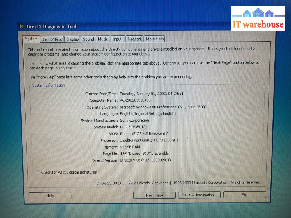 Sony RD01-D480 15" Laptop Intel Pentium 4 CPU / 512MB RAM / 100GB HDD (Read) ~