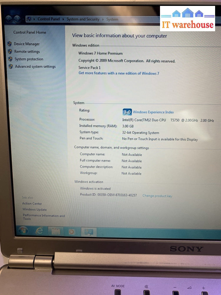 Sony Vaio PCG-5L2L 14" Intel C2D T5750 3GB 250G Windows 7 Home (French keyboard)