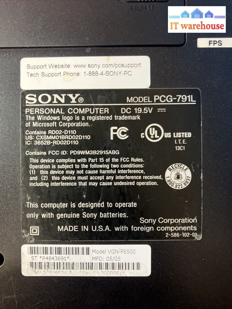 Sony VAIO PCG-791L 15.6" Laptop Pentium M CPU, 1GB RAM, 100GB HDD, Windows XP ~
