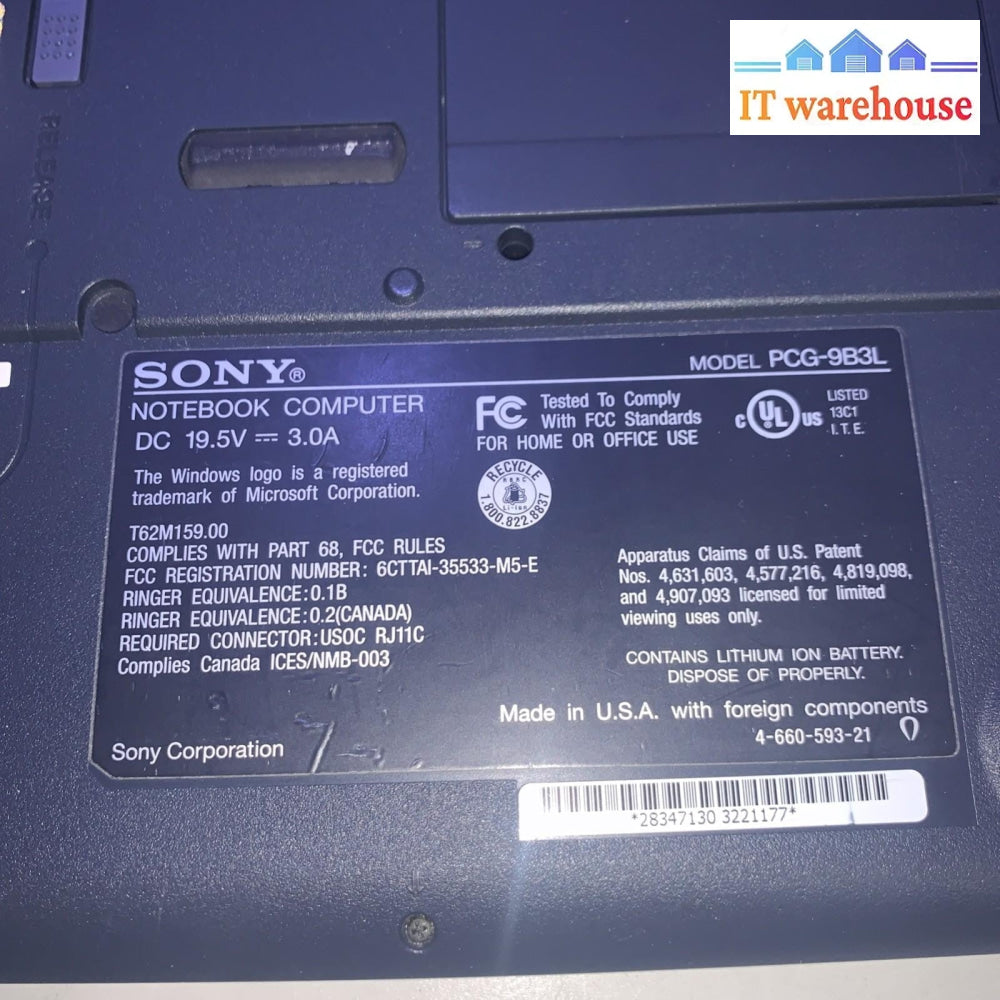 Sony Vaio PCG-9B3L AMD Athlon 4 1000MHz 256MB RAM 20GB HD Windows XP SP3