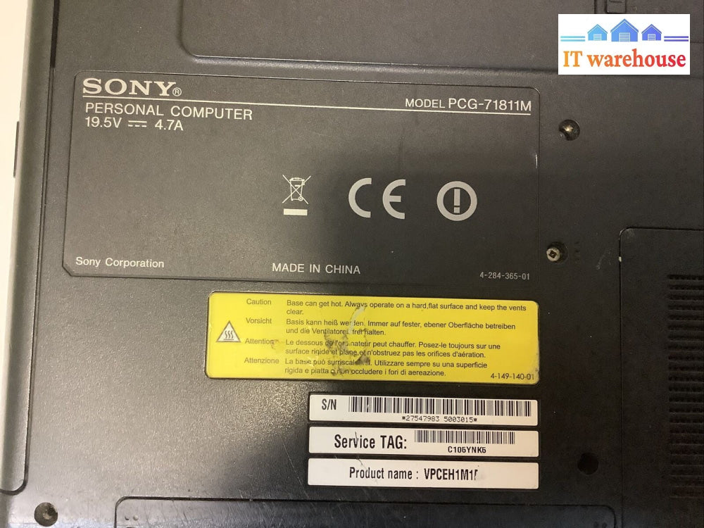 Sony Vaio VPCHN 15.5”Laptop i3-2310 2.1GHz 1GB NO HDD With caddy for parts(as is