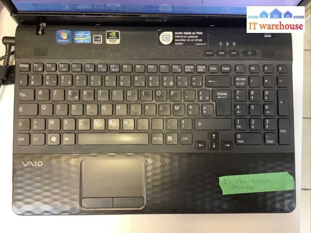 Sony Vaio VPCHN 15.5”Laptop i3-2310 2.1GHz 1GB NO HDD With caddy for parts(as is