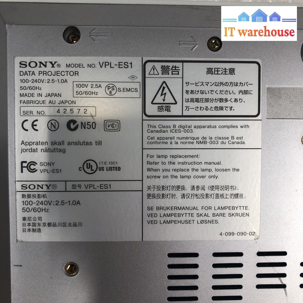 +Sony VPL-ES1 Multimedia Video Projector 979 LAMP HOURS NO REMOTE NO CABLE
