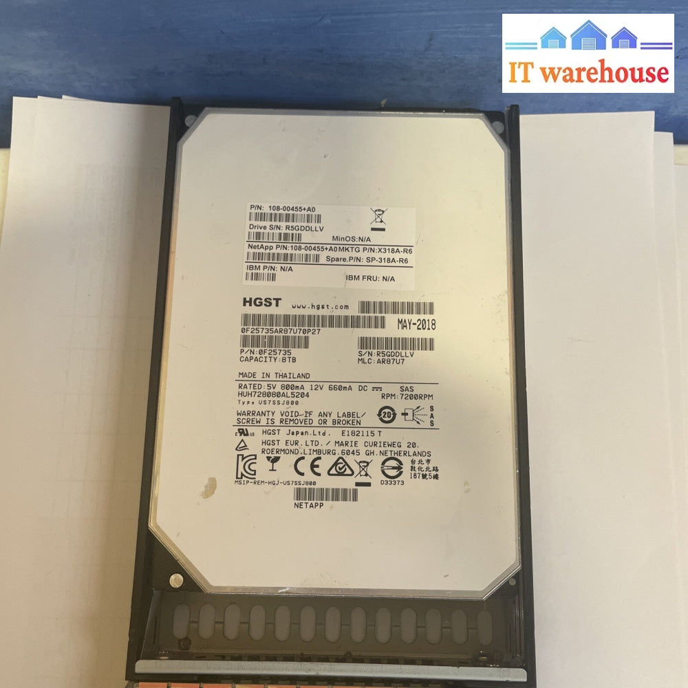 SP-318A-R6 - Netapp 8TB 7200 RPM SAS 3.5" for DS4246 24 bay (12 days used only)