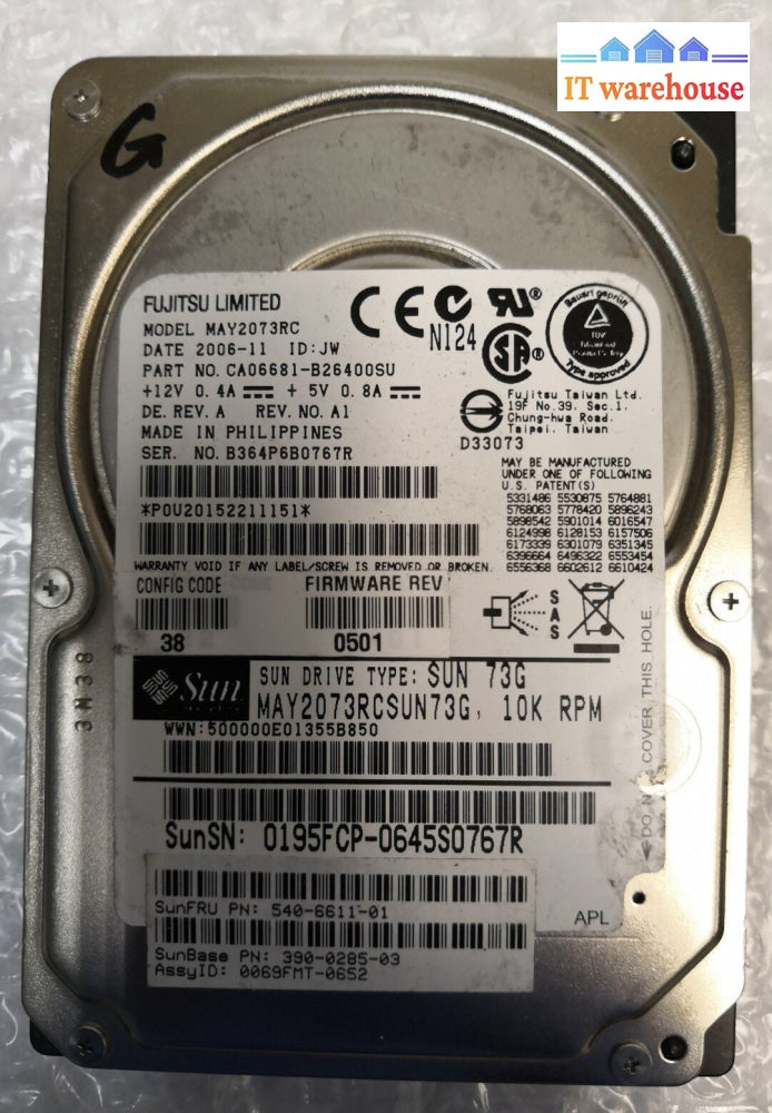 - Sun 73GB 10K 2.5" SAS Hard Drive MAY2073RC PN:390-0285-03 /540-6611-01 @@@