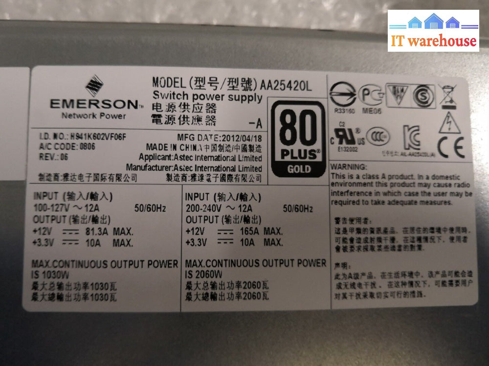 + Sun/Oracle 300-2159 Emerson Aa25420L 1030/2060W Ps Power Supply 1030/2060W
