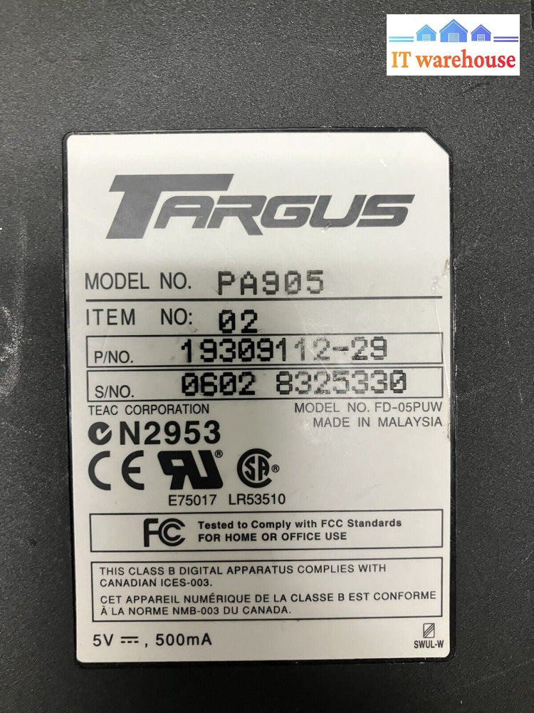 Targus Slimline USB External 3.5" Floppy Disk Drive Model PA905 19309112-29