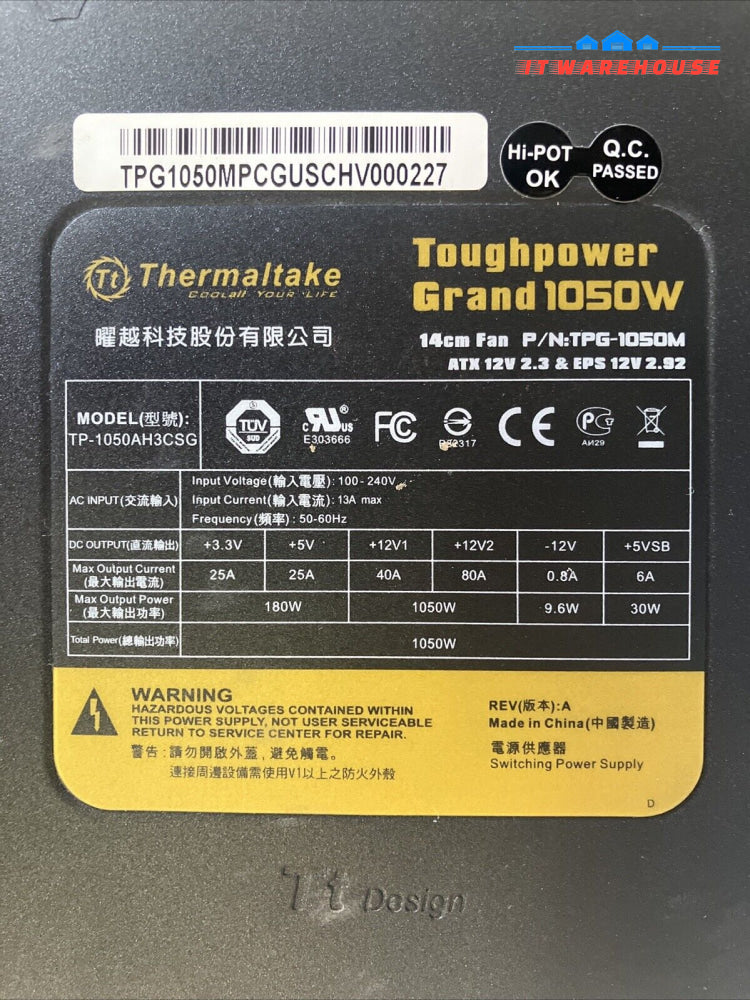 Thermaltake Toughpower Grand 1050W Atx Power Supply Tpg-1050M 8-Pin Pcie Tested~