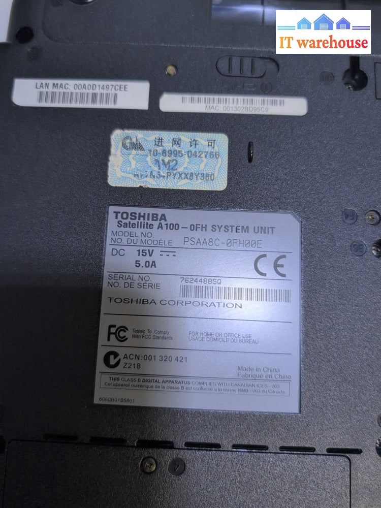 Toshiba A100-0FH 15" Laptop T2050 CPU/1GB RAM/500GB HDD /WIN XP (NO BATTERY) -