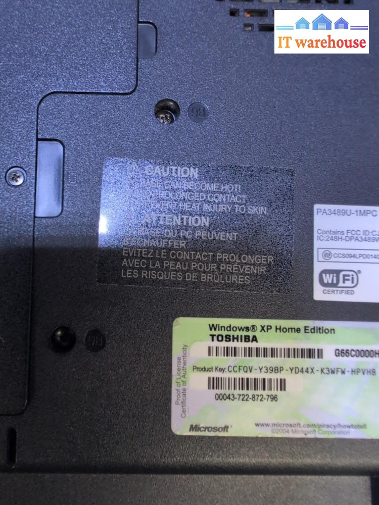 Toshiba A100-0FH 15" Laptop T2050 CPU/1GB RAM/500GB HDD /WIN XP (NO BATTERY) -