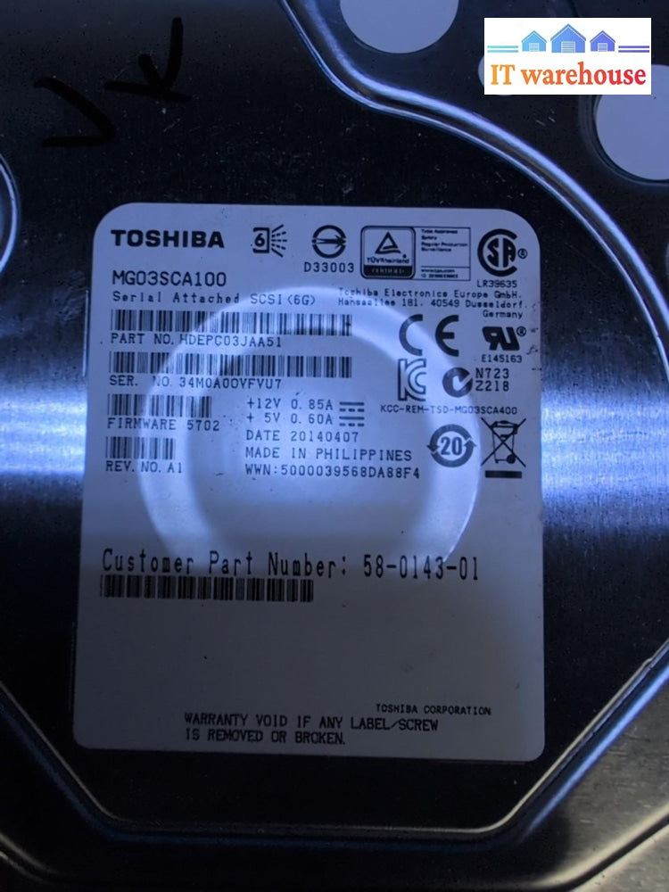 Toshiba (MG03SCA100) 3.5" SAS Server Hard Drive (TESTED, REMAINING 1000 DAYS) -