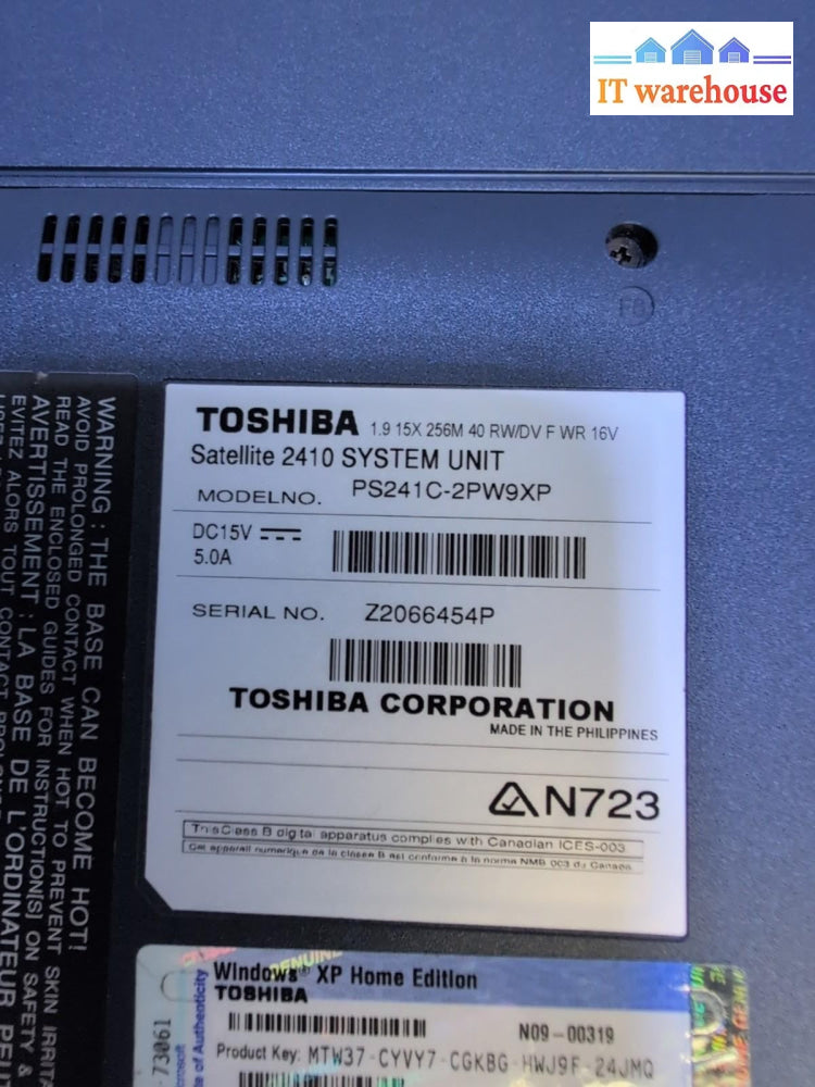 TOSHIBA SATELLITE 2410 15" Laptop Pentium 4-M 1.9GHz/512MB RAM/40GB HDD/WIN XP -