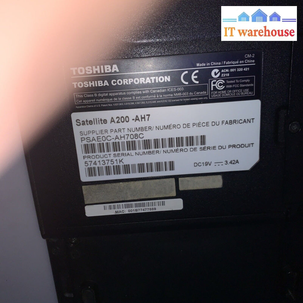 Toshiba Satellite A200-AH7 DUO Core 2.0GHZ 2GB 160GB Windows XP SP3