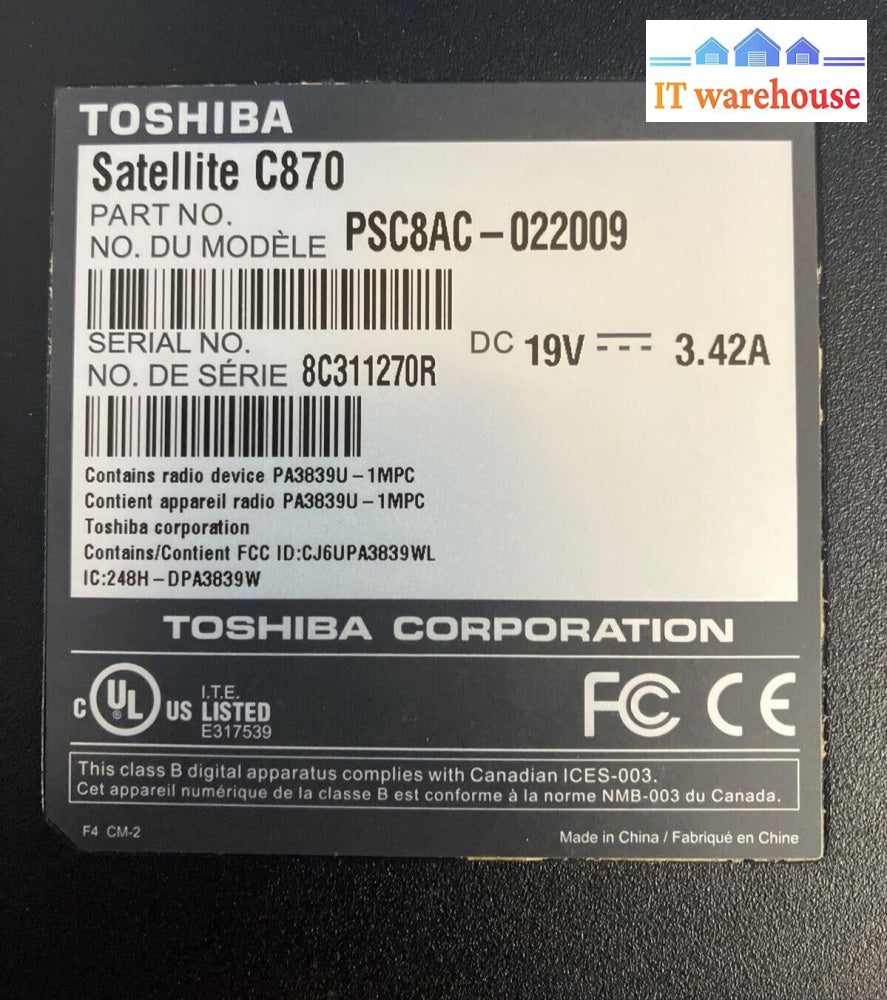 Toshiba Satellite C870 15.6’’ Laptop With Pentium Cpu/ 2Gb Ram / 500Gb Hdd Xp ~