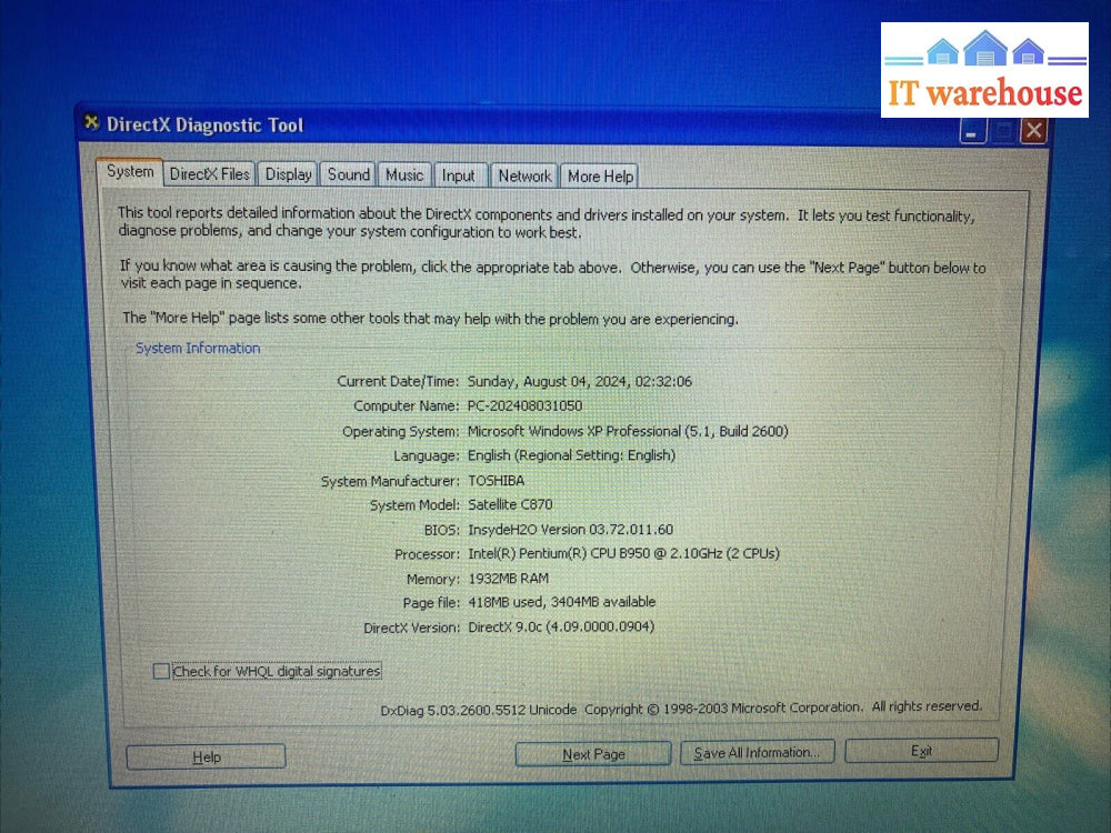 Toshiba Satellite C870 15.6’’ Laptop With Pentium Cpu/ 2Gb Ram / 500Gb Hdd Xp ~