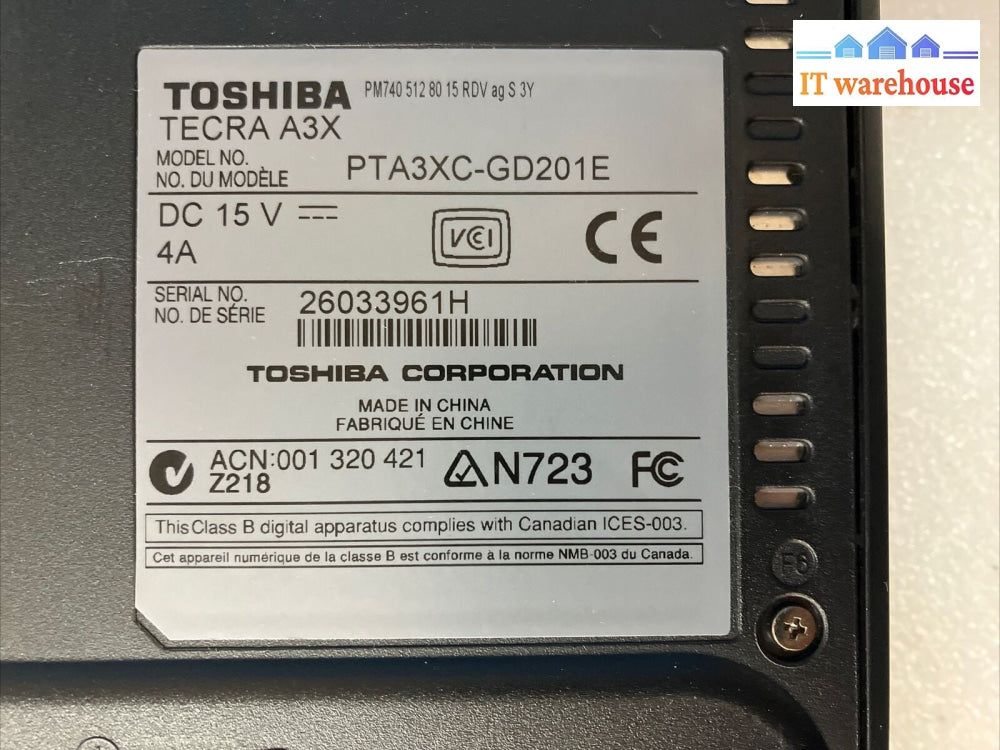 ~ Toshiba TECRA A3X 15" Laptop Pentium M 1.73GHz CPU /512MB RAM /80GB HDD Win XP
