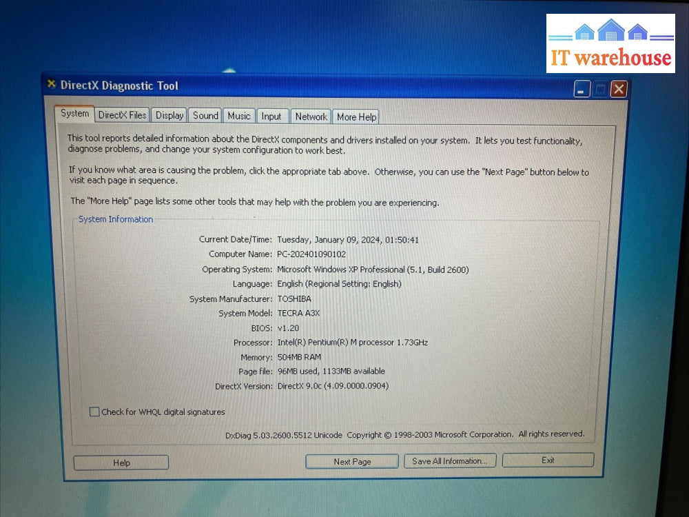 ~ Toshiba TECRA A3X 15" Laptop Pentium M 1.73GHz CPU /512MB RAM /80GB HDD Win XP