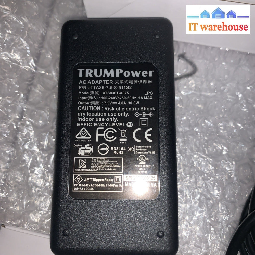 TRUMPower AC ADAPTER TTA36-7.5-8-511S2 ATS036T-A07S 100-240V 7.5V 4.0A 30.0W