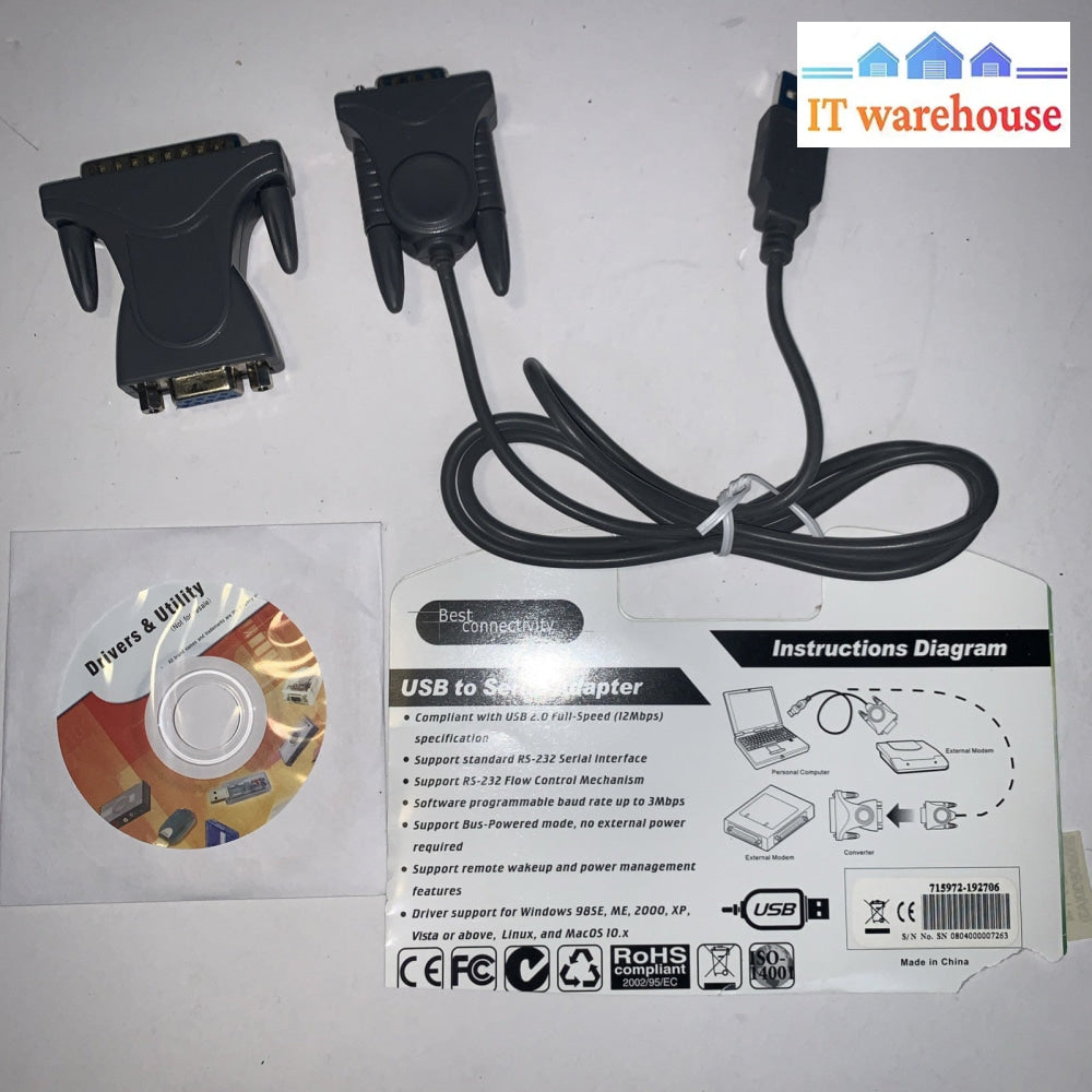 USB 2.0 to 9 & 25 pin Serial RS232 Cable DB9/DB25 Data Cable Adapter Converter