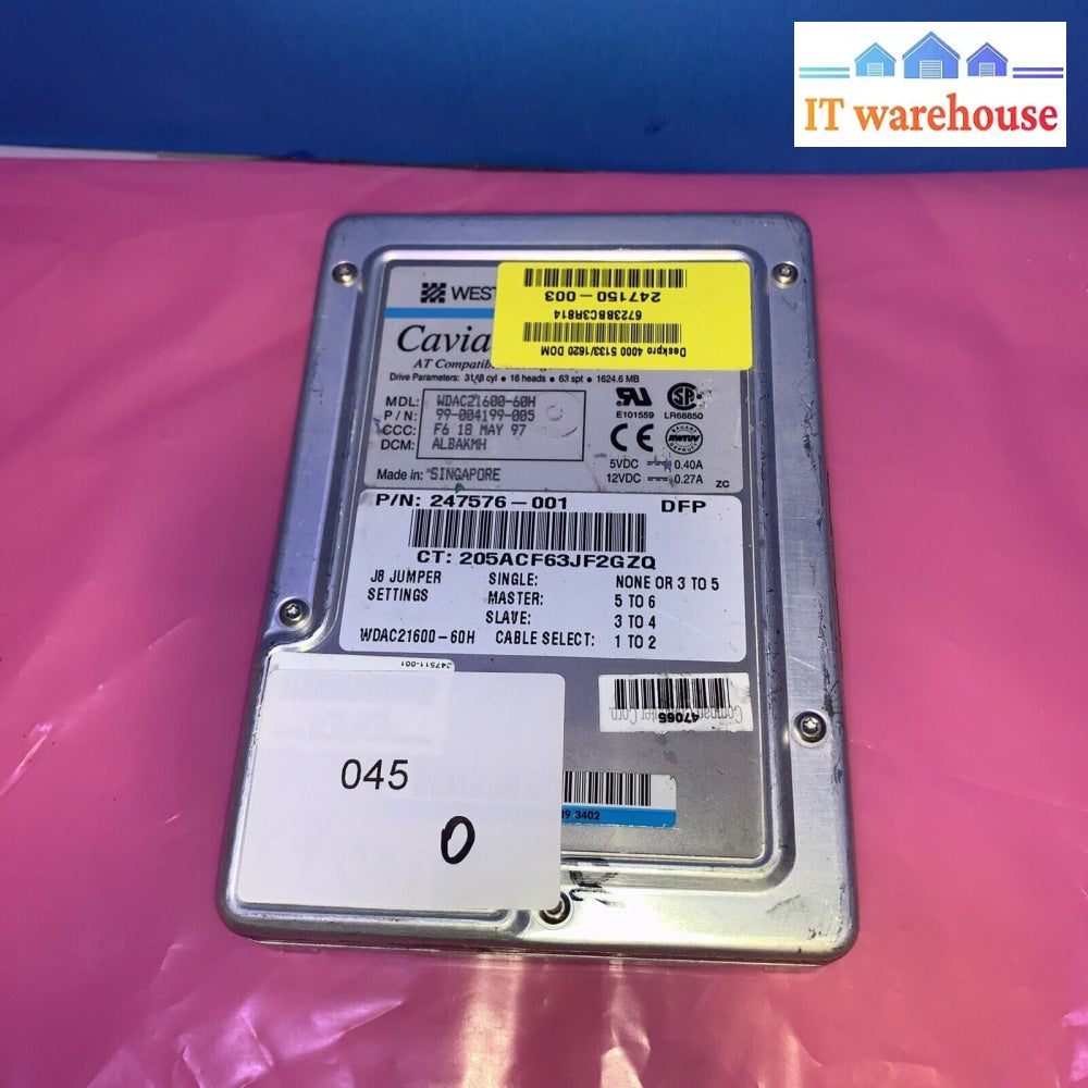 Vintage 99-004199-005 Western Digital Caviar 1.6GB 5200RPM IDE Ultra ATA-33 HDD
