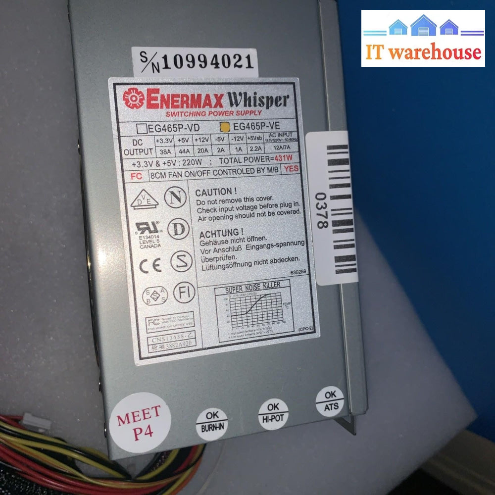 Vintage Enermax Whisper EG465P-VD 431W ATX Power Supply P4 20-Pin/ AUX-- Tested