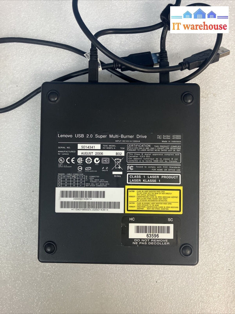 ~ Vintage Lenovo DV-W28PU-A USB Super Multi-Burner 40Y8693 40Y8694 W/ USB Cable