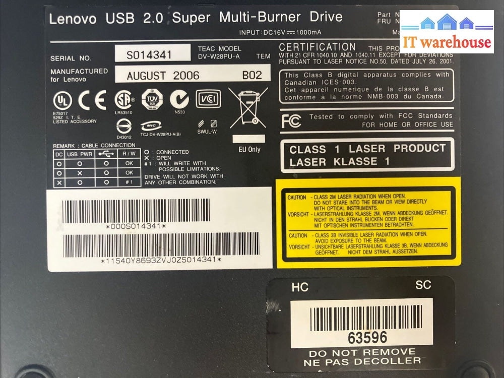 ~ Vintage Lenovo DV-W28PU-A USB Super Multi-Burner 40Y8693 40Y8694 W/ USB Cable