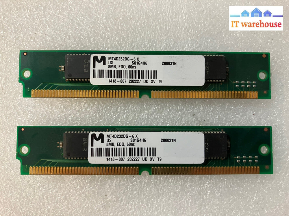 ~(Vintage) Lot 2 MT4D232DG-6 DRAM Memory 8MB EDO 60ns 72 Pin SIMM Micron S01G4H6