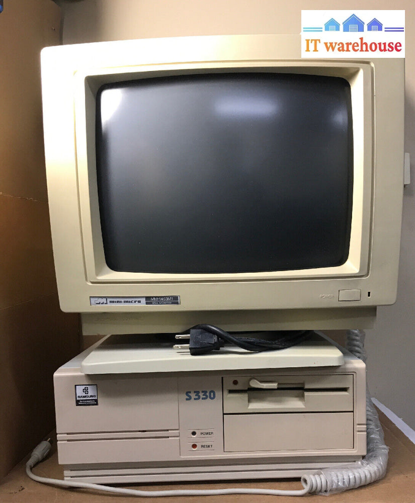 Vintage Samsung S330 8086 Computer & Mini.micro Mm-1453M1 Ega Monitor Kb + Ms