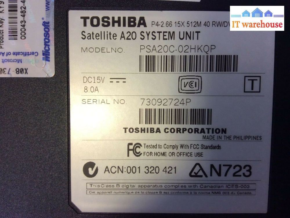 (Vintage)Toshiba Satellite A20 15’Laptop P4 512Mb Ram 40Gb Hdd No Os For Parts