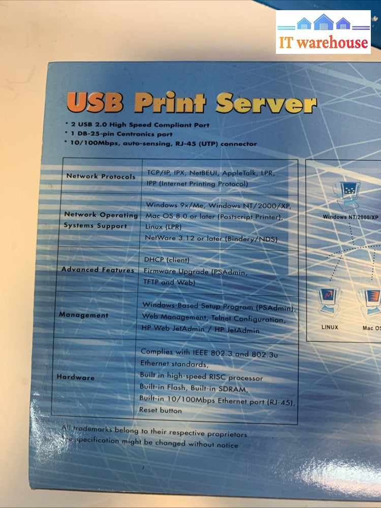 Vintage USB Print Server (windows Me/ 9x/NT/2K/XP, Mac 8.1 Or Later, Linux LPR )