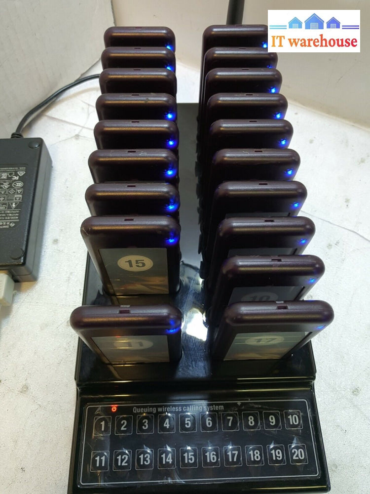 - Wireless Queuing Calling System 1 Transmitter + 19 Call Coaster Pagers Tested